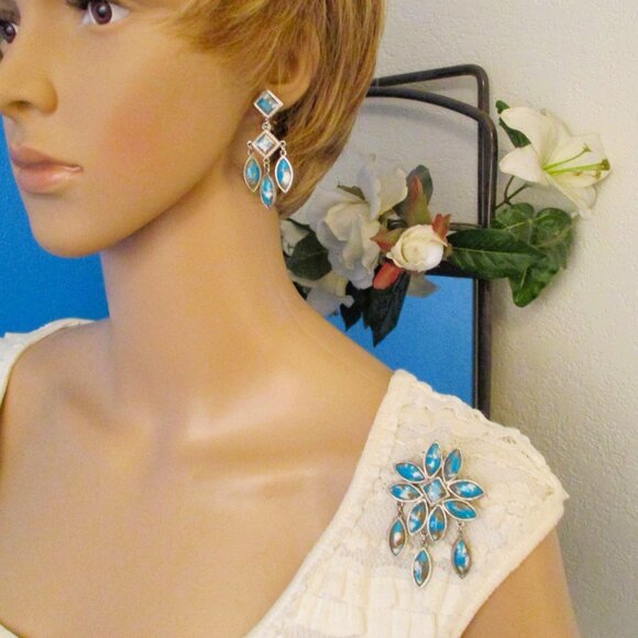 Vintage CELEBRITY Faux Turquoise Floral Brooch Pendant Earrings Set ~ DESIGNER - Picture 14 of 16